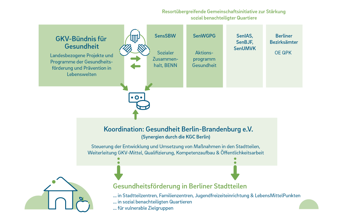 Eine schematische Darstellung die über die Organisation / Struktur der Gesundheitsförderung in Berlin informiert